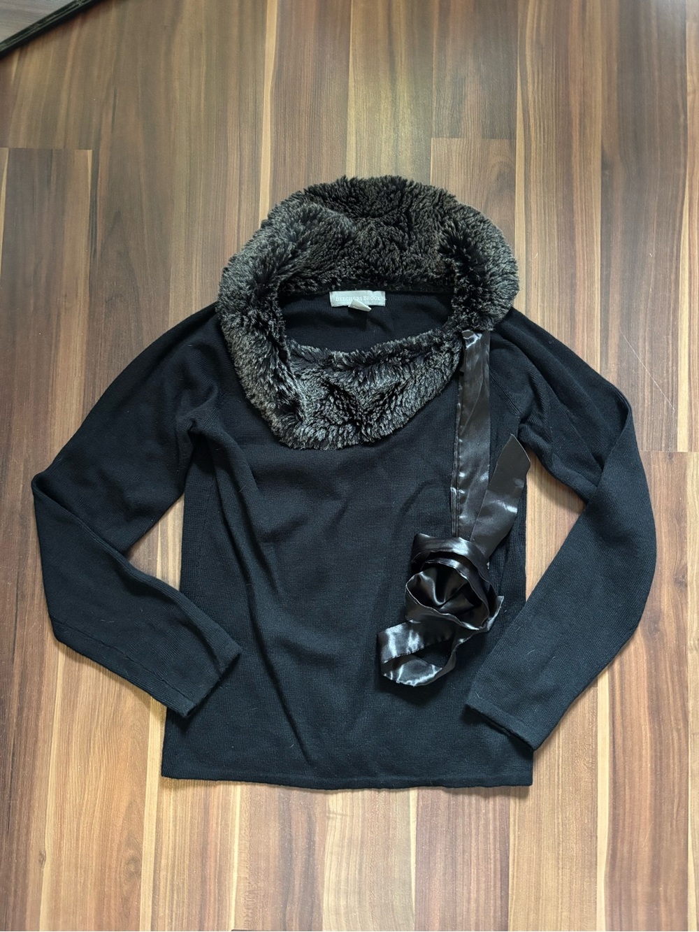 Women’s Black Faux-Fur Sweater with Satin Ribbon